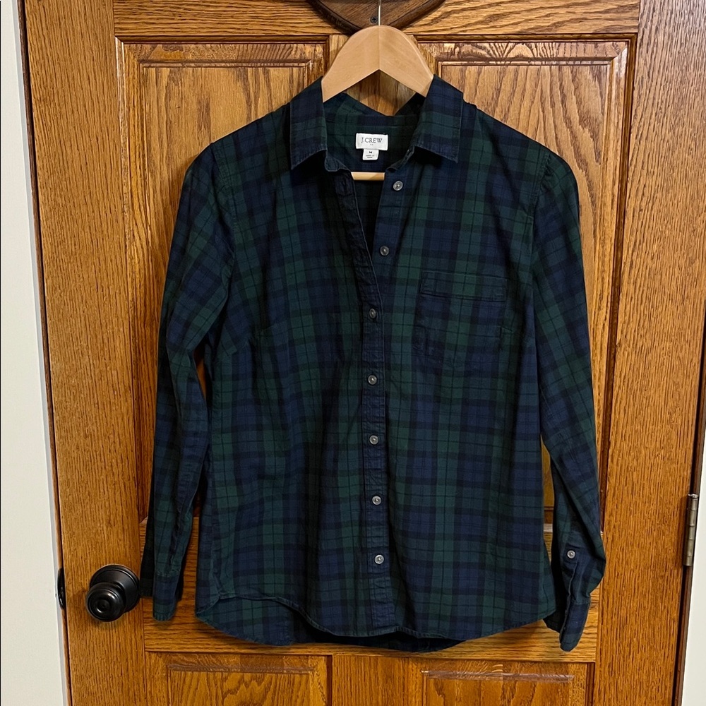 J. Crew Women's Navy and Green Plaid Button Down Shirt